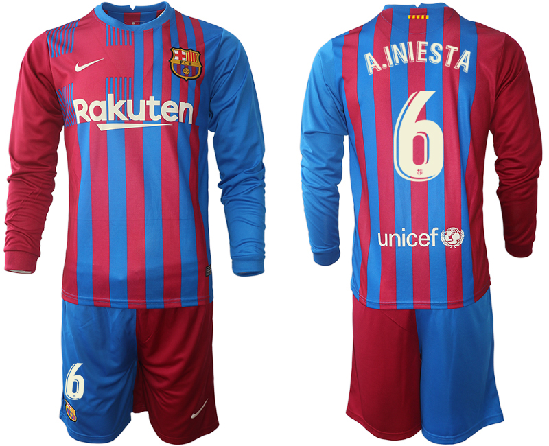 Men 2021-2022 Club Barcelona home red blue Long Sleeve #6 Nike Soccer Jersey